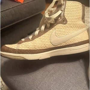 Fabric and leather basket weave fabric. Nike High tops. I love the fabric laces.